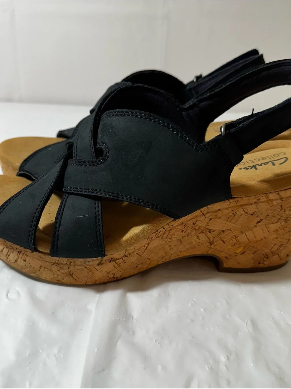 Clarks‎ Black Suede Cork Wedge Sandals Size 11